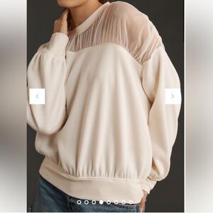 Anthropologie Maeve XS Sheer Mesh Shoulder Pullover Knit Top Ivory Preppy